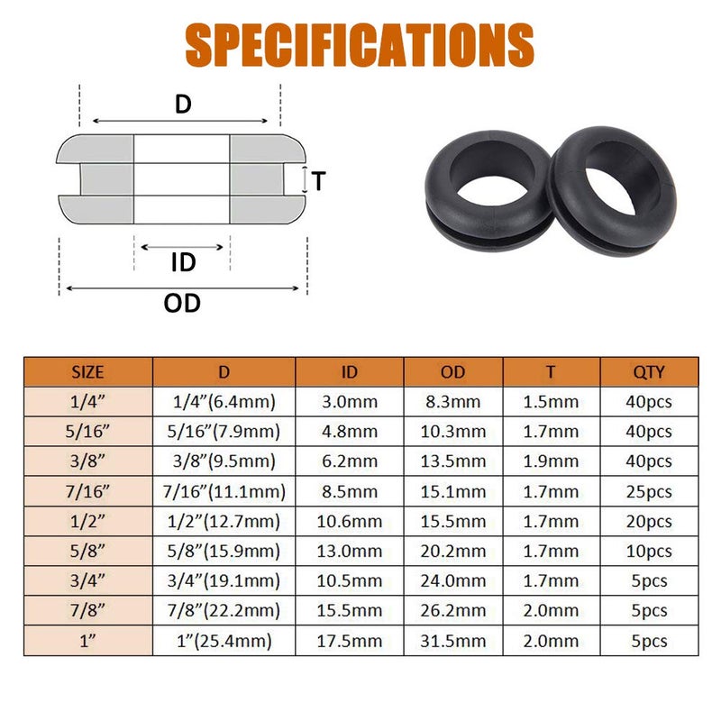 ISPINNER 190pcs Rubber Grommet Assortment Kit, 9 Sizes Eyelet Ring Gasket 1/4" 5/16" 3/8" 7/16" 1/2" 5/8" 3/4" 7/8" 1" (Black) - Image 4